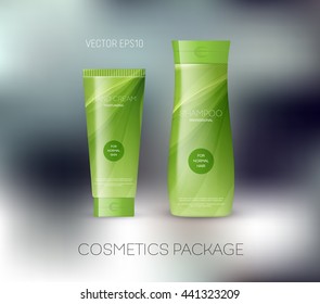 Vector body care cosmetics design concept. Tube cream and shampoo bottle. Packaging template. Green tones