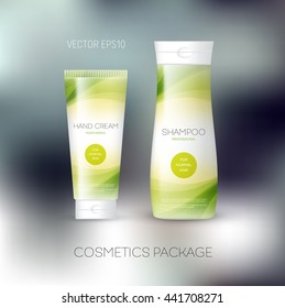 Vector body care cosmetics design concept. Tube cream and shampoo bottle. Packaging template. Green tones