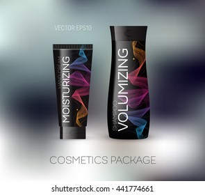 Vector body care cosmetics design concept. Tube cream and shampoo bottle. Packaging template.