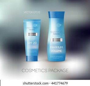 Vector body care cosmetics design concept. Tube cream and shampoo bottle. Packaging template. Light blue tones with blurred bokeh background