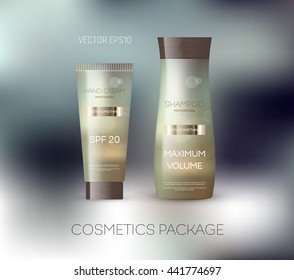 Vector body care cosmetics design concept. Tube cream and shampoo bottle. Packaging template. Light beige tones with blurred bokeh background