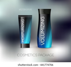 Vector body care cosmetics design concept. Tube cream and shampoo bottle. Packaging template. Blue tones on dark