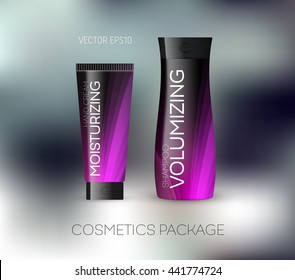 Vector body care cosmetics design concept. Tube cream and shampoo bottle. Packaging template. Purple tones on dark