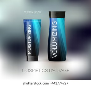 Vector body care cosmetics design concept. Tube cream and shampoo bottle. Packaging template. Blue tones on dark