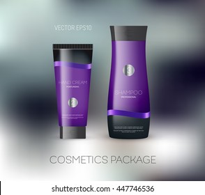 Vector body care cosmetics design concept. Tube cream and shampoo bottle. Packaging template. Elegant silky ribbon