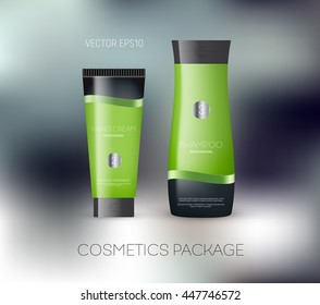 Vector body care cosmetics design concept. Tube cream and shampoo bottle. Packaging template. Elegant silky ribbon