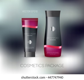 Vector body care cosmetics design concept. Tube cream and shampoo bottle. Packaging template. Elegant silky ribbon