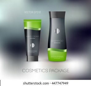 Vector body care cosmetics design concept. Tube cream and shampoo bottle. Packaging template. Elegant silky ribbon