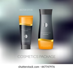 Vector body care cosmetics design concept. Tube cream and shampoo bottle. Packaging template. Elegant silky ribbon