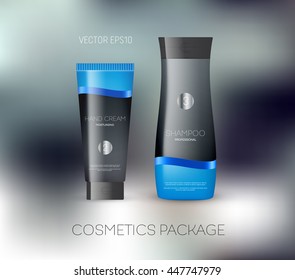 Vector body care cosmetics design concept. Tube cream and shampoo bottle. Packaging template. Elegant silky ribbon