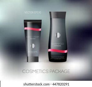 Vector body care cosmetics design concept. Tube cream and shampoo bottle. Packaging template. Elegant silky ribbon