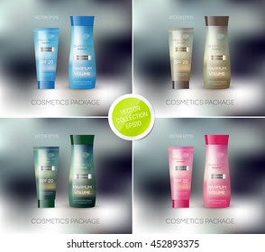 Vector body care cosmetics designs collection. Tube cream and shampoo bottle. Packaging templates. 
