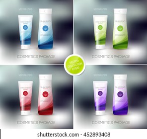 Vector body care cosmetics designs collection. Tube cream and shampoo bottle. Packaging templates. 