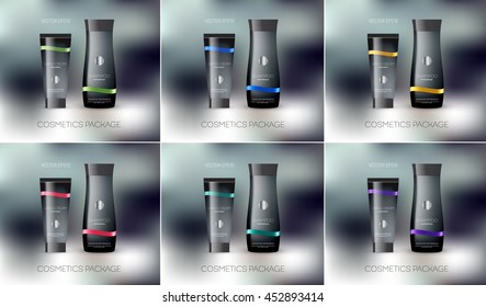 Vector body care cosmetics designs collection. Tube cream and shampoo bottle. Packaging templates. 
