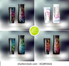 Vector body care cosmetics designs collection. Tube cream and shampoo bottle. Packaging templates. 