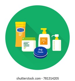 vector body cream, moisturizing lotion bottles set / emollient for dry skin / skincare products / isolated, sign and icon template