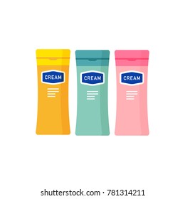 vector body cream, moisturizing lotion bottles set / emollient for dry skin / skincare products / isolated, sign and icon template