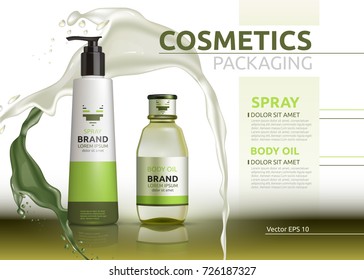 Vector Body Oil And Spray Natural Products Realistic Bottles. Mockup 3D Illustration. Cosmetic Package Ads Template. Splash Water Effect Backgrounds
