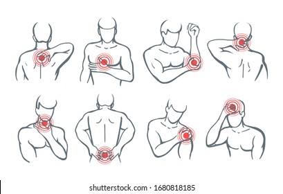 Vector body painful parts. Pain and trauma illustration images with red circles icons on man shoulder and back, arm and neck disease symbols