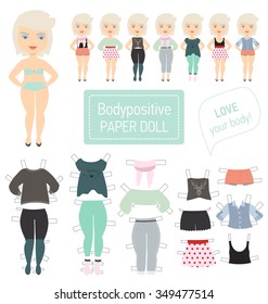 Vector body positive dress paper doll. Set of modern fashion clothing in case. 