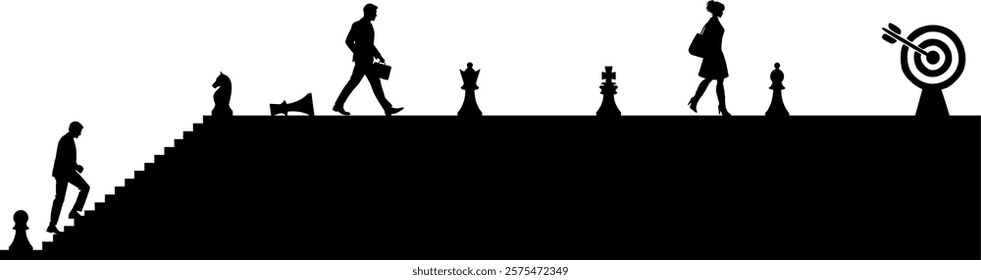 Vector body silhouettes - Business people on the way to the goal - Symbolism - Success levels and goals - Tactics and strategy on the way up Chess pieces symbolism and game