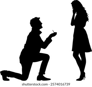 Vector body silhouettes man and woman - Romantic marriage proposal in kneeling with the rings