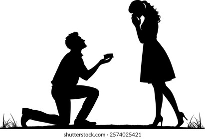 Vector body silhouettes man and woman - Romantic marriage proposal in kneeling with the rings