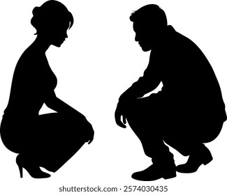 Vector body silhouettes - Two people squatting opposite each other - Man and woman isolated - Design element