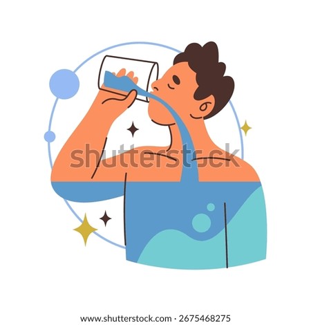 Vector body water amount or proportion symbol. Man drink glass of liquid to show fluid percentage. Aqua consumption and hydration sign . Metabolism balance, medical, healthcare or physiology icon. H2O
