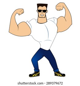 Vector bodybuilder  in sunglasses shows his muscles.
