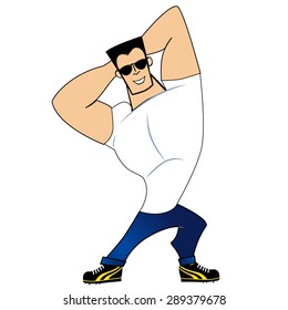 Vector bodybuilder  in sunglasses shows his muscles.