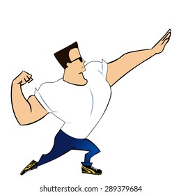Vector bodybuilder  in sunglasses shows his muscles.
