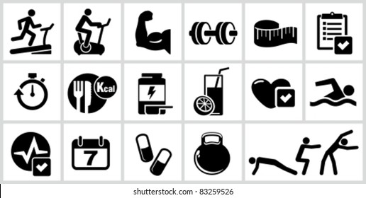 Vector bodybuilding icons set. All white areas are cut away from icons and black areas merged.