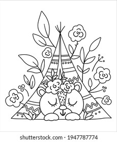 Vector bohemian bear sleeping in wigwam with flowers on head. Woodland black and white animal isolated on white background. Boho forest floral composition. Forest coloring page.
