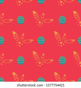 Vector bohemian christmas golden stars and feathers, turquoise balls, red background seamless repeat pattern. Perfect for fabric, scrapbooking, wallpaper	
