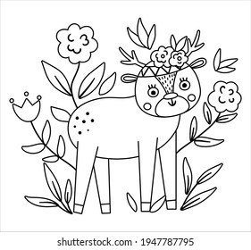 Venado bohemio vectorial con flores en la cabeza. Animales blancos y negros de Woodland aislados sobre fondo blanco. Composición de la línea floral del bosque Boho. Página de coloreado forestal.
