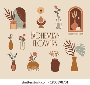 Vector bohemian flowers in a vase. Abstract modern minimalist  set. Flat aesthetic illustrations