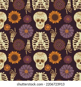 Vector Bohemian Halloween seamless pattern design. Autumn flowers and sculls print design. Day of the dead repeat background.