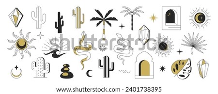 Vector bohemian linear logos. Boho logo cactus, sun, moon, crystals, palms, window and desert icons. Celestial mystic esoteric magic and geometric abstract design elements. Line symbols set.