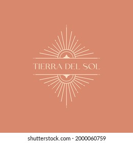 Vector bohemian logo design with sun and sunburst.Boho linear icon or symbol in trendy minimal style.Modern celestial emblem.Branding design template.Letters with Tierra del Sol means The Land of Sun