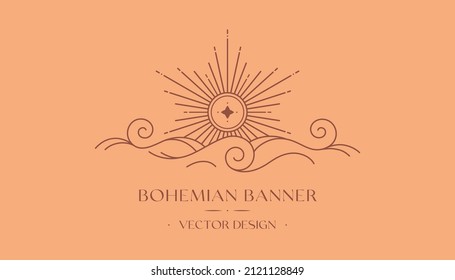 Vector bohemian logo design and sun cloud sea waves   light rays Boho linear icon symbol in trendy minimal style Modern celestial emblem Branding design website banner social media template 