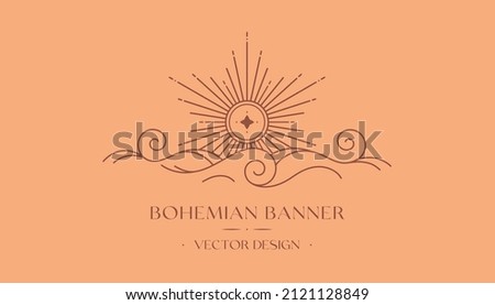 Vector bohemian logo design with sun,cloud or sea waves and light rays.Boho linear icon or symbol in trendy minimal style.Modern celestial emblem.Branding design,website banner,social media template.