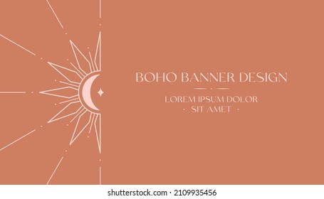 Vector bohemian logo design with sun,crescent moon and light rays.Boho linear icon or symbols in trendy minimalist style.Modern celestial emblem.Branding design,website banner template.