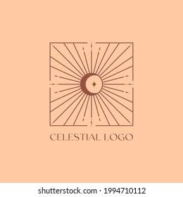 Vector bohemian logo design template with sun,moon and sunburst. Boho linear icon or symbol in trendy minimalist style.Modern celestial emblem.Branding design template.