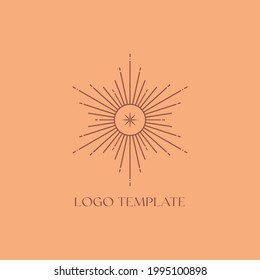 Vector bohemian logo design template with sun and sunburst. Boho linear icon or symbol in trendy minimalist style.Modern celestial emblem.Branding design template.