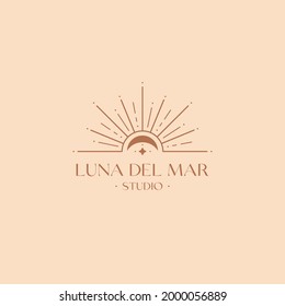 Vector bohemian logo design template with sun,moon and sunburst.Boho linear icon or symbol in minimal style.Modern celestial emblem.Branding design template.Letters with Luna del Mar means Sea Moon