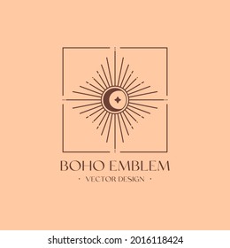 Vector bohemian logo design template with sun,crescent moon and sunburst. Boho linear icon or symbol in trendy minimalist style.Modern celestial emblem.Branding design template.
