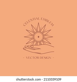 Vector bohemian logo design template with hand holding sun and sunburst. Boho linear icon or symbol in trendy minimalist style.Modern celestial emblem.Branding design template.
