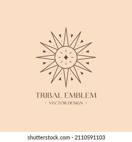 Plantilla de diseño de logotipo bohemio vectorial con estrella, sol y ráfagas de sol. Icono o símbolo tribal boho lineal en un estilo minimalista moderno.Emblema celeste moderno.Plantilla de diseño de marca.