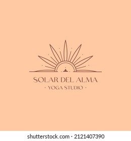 Vector bohemian logo design template with sun,star and sunburst.Boho linear icon or symbol in minimal style.Celestial emblem.Branding design template.Letters with Solar del Alma means Sun of the Soul